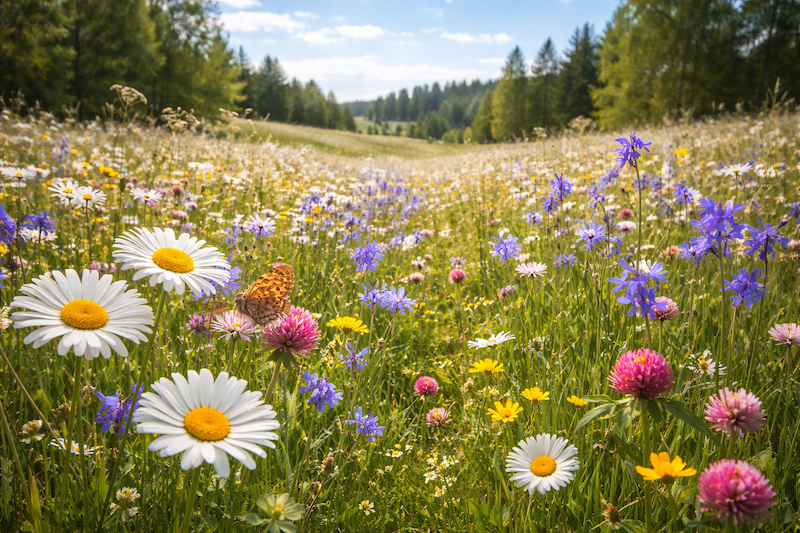 Vilda blommor i svensk natur på äng – prästkragar, blåklint, rödklöver och smörblommor breder ut sig i solbelyst sommarlandskap med fjäril i förgrunden.